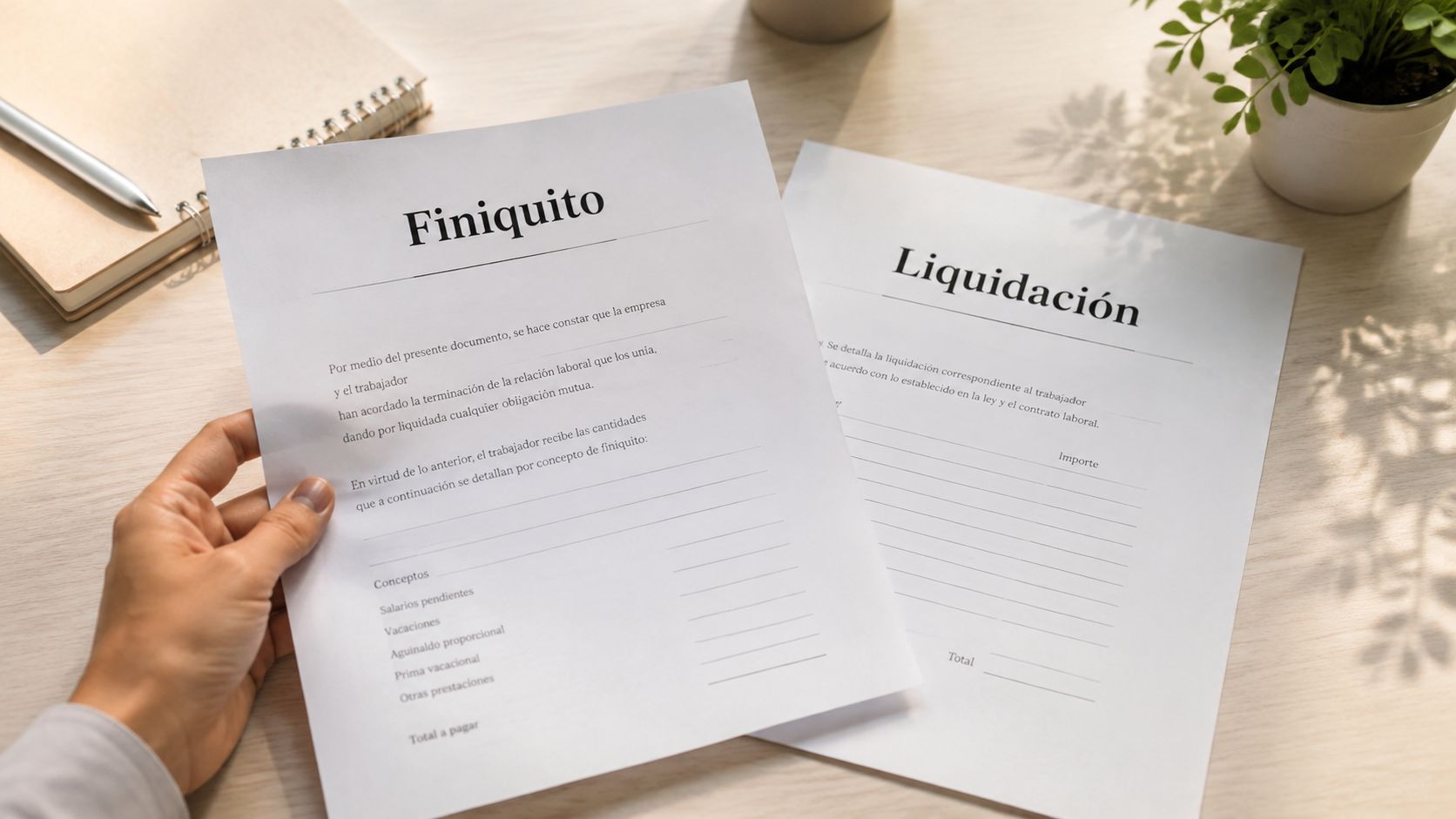 Una mano sosteniendo un documento legal de finiquito y liquidación laboral sobre una mesa de madera.