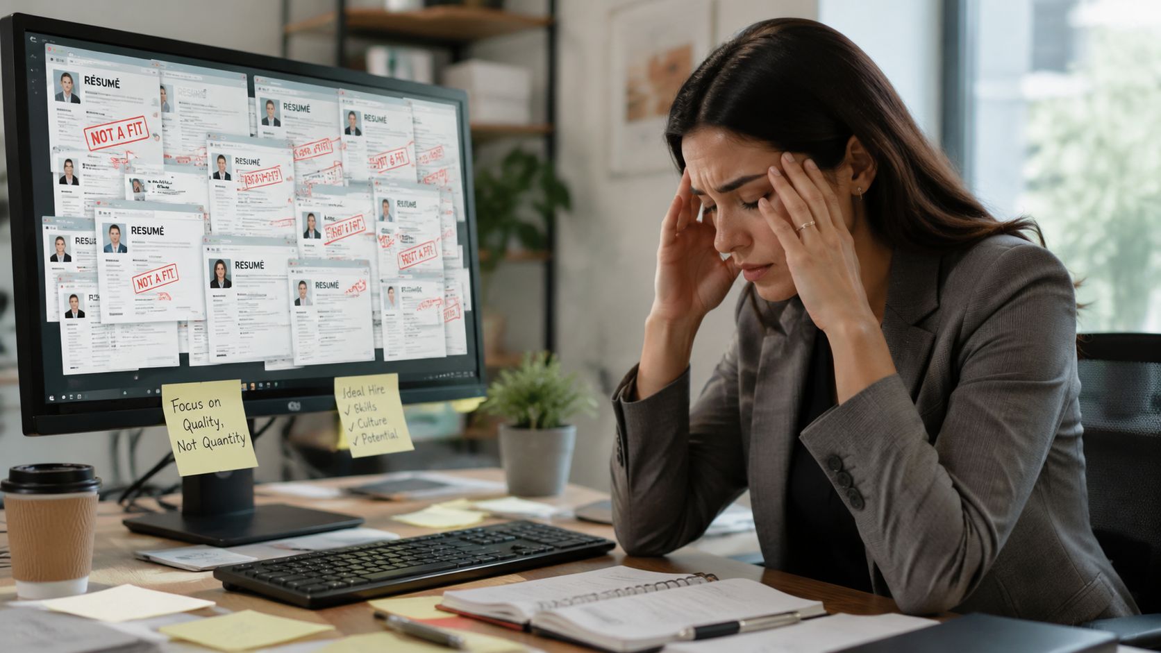 Una reclutadora estresada revisando numerosas solicitudes de empleo inadecuadas en su pantalla de computadora de oficina.