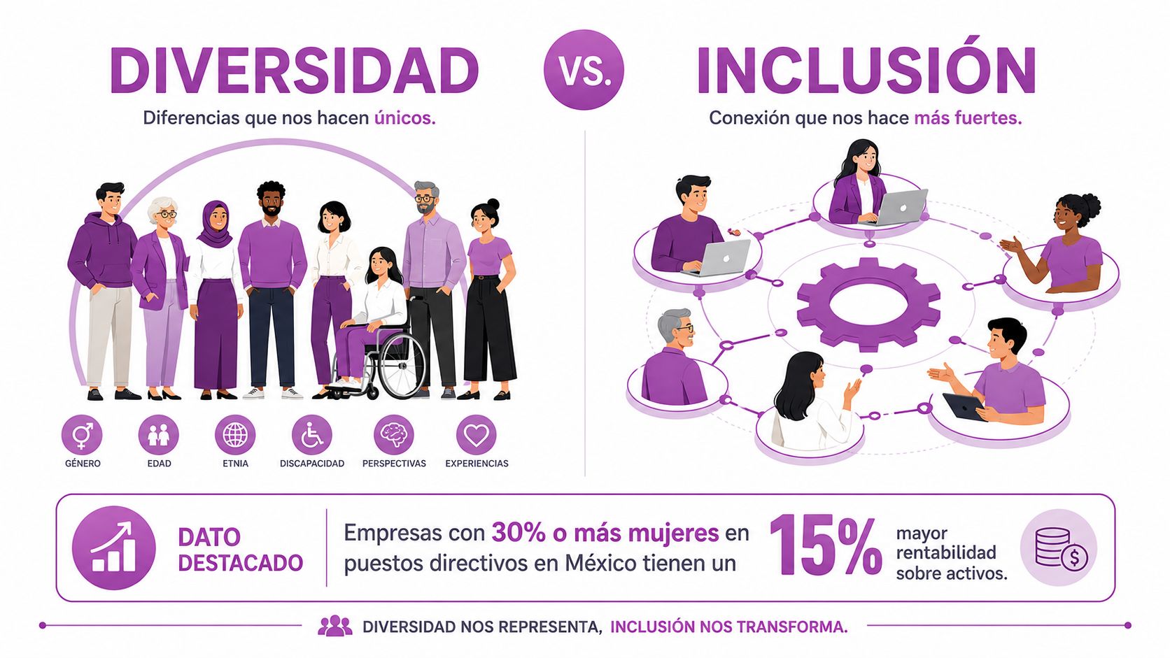 Infografía comparativa sobre la diversidad como diferencias únicas y la inclusión como conexión que fortalece.