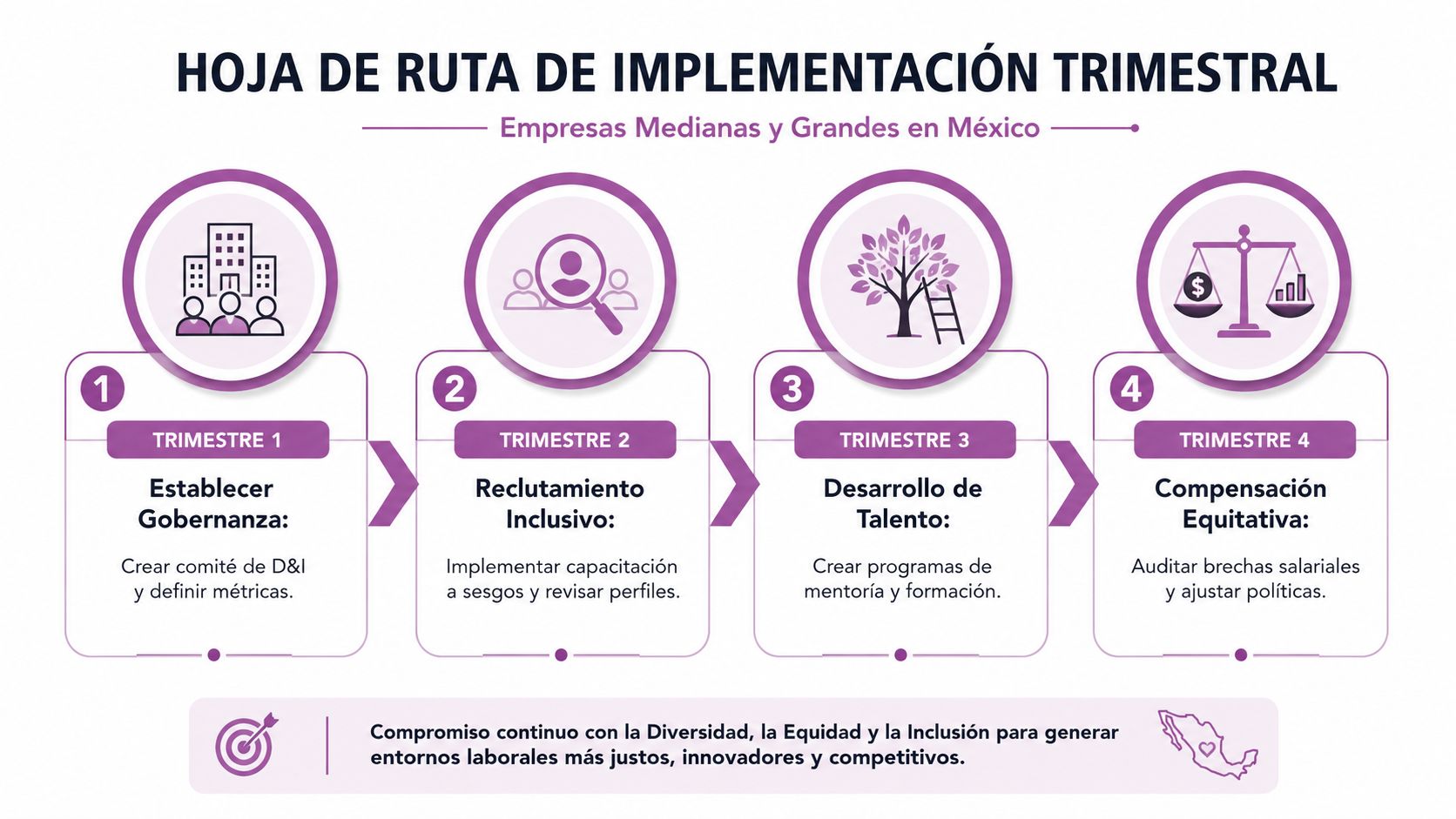 Hoja de ruta trimestral para implementar diversidad e inclusión en empresas medianas y grandes en México.