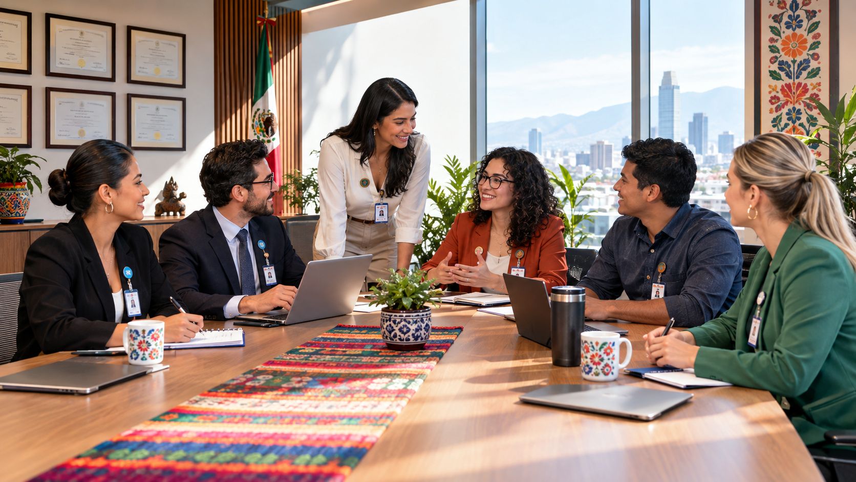 Un grupo diverso de profesionales colaborando en una reunión de negocios en una oficina moderna y luminosa.