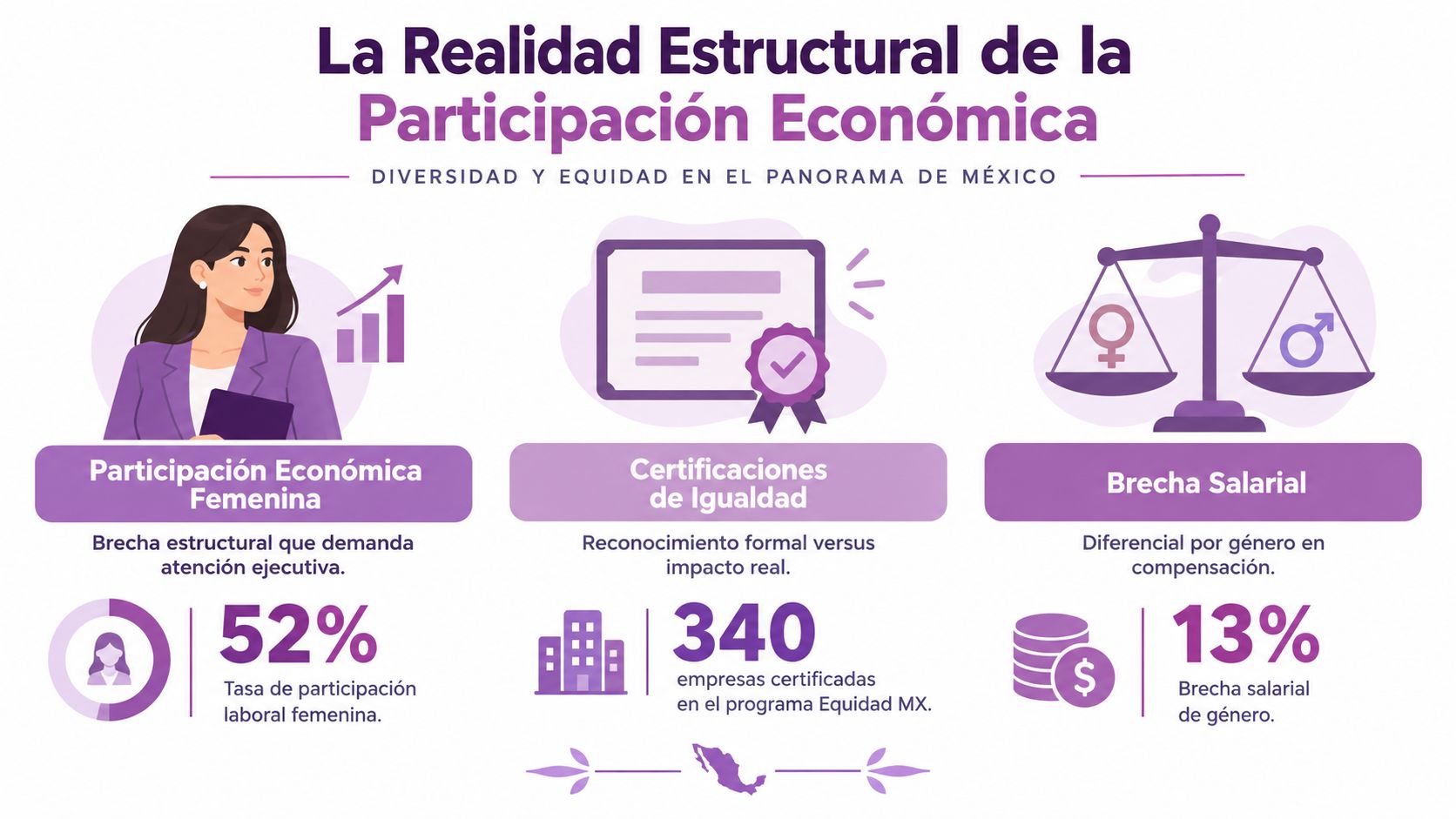 Infografía sobre la diversidad y equidad económica de género en el mercado laboral de México.