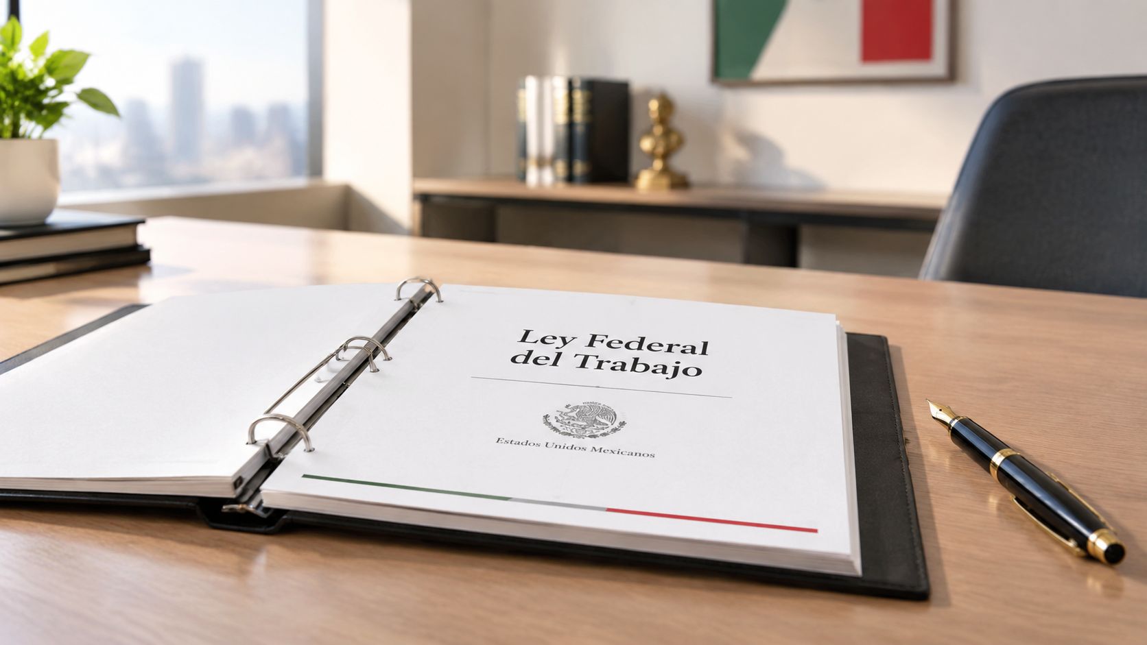 Un libro de la Ley Federal del Trabajo abierto sobre un escritorio de oficina con una pluma.