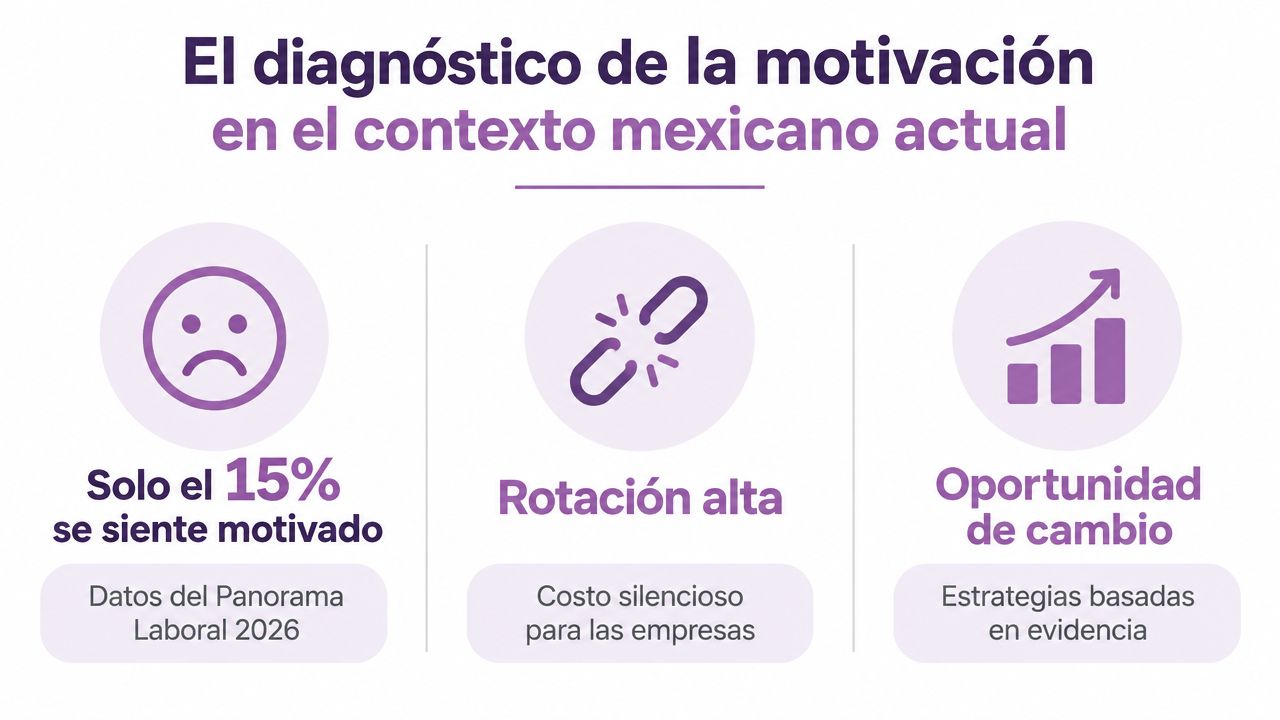 Infografía sobre el diagnóstico de la baja motivación laboral y alta rotación en empresas mexicanas actuales.