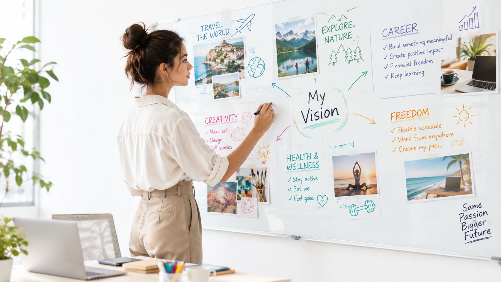Una mujer creativa escribiendo sus metas profesionales y personales en una pizarra blanca en su oficina.