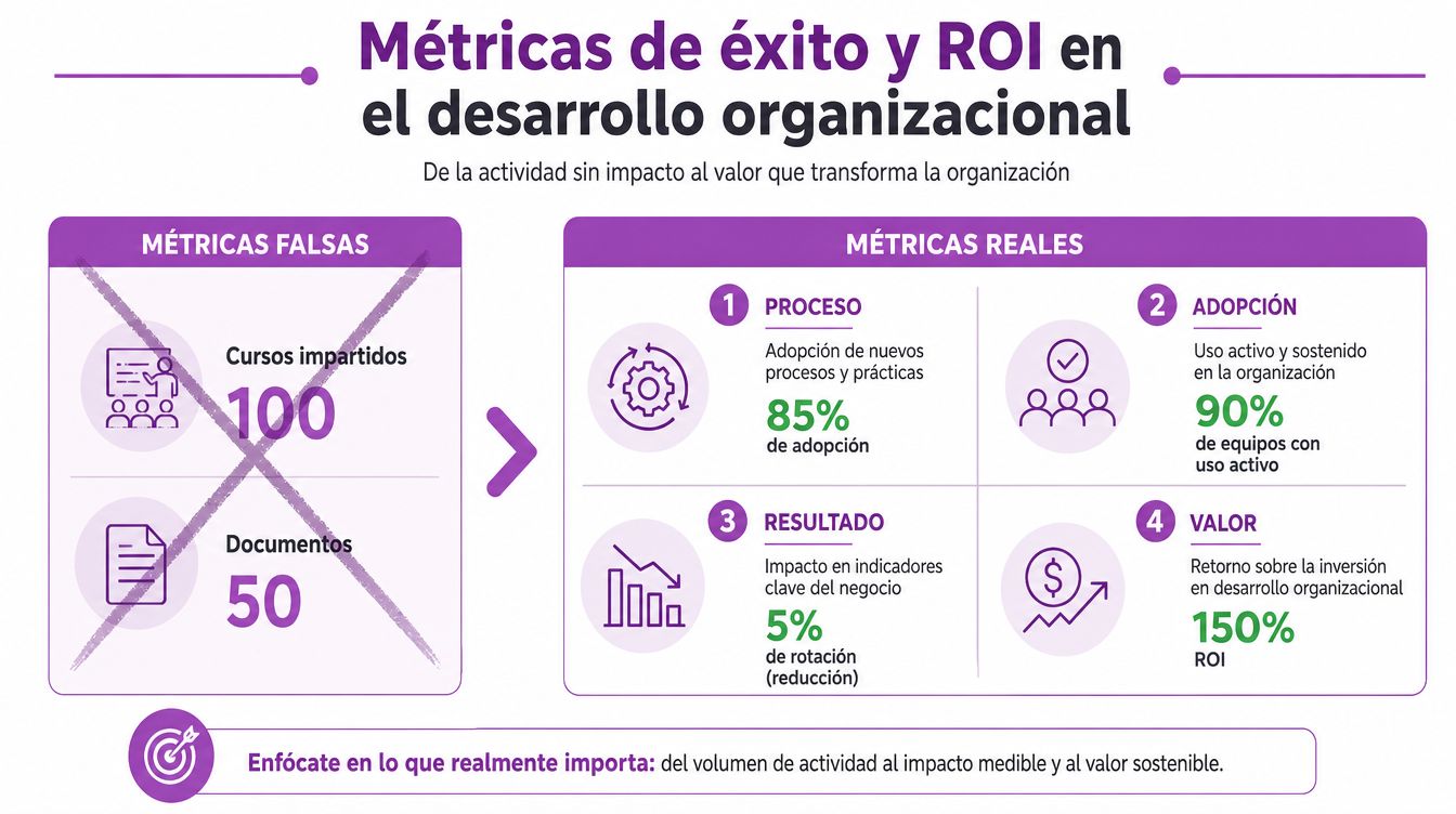Infografía comparativa entre métricas falsas de actividad y métricas reales de impacto en desarrollo organizacional.