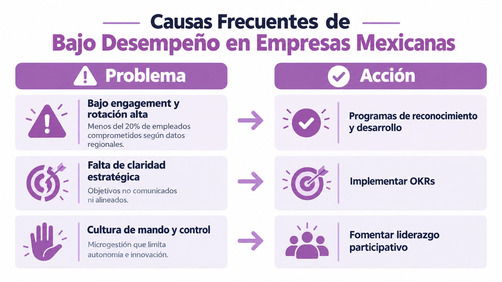 Infografía sobre causas de bajo desempeño en empresas mexicanas y las acciones necesarias para solucionarlo eficazmente.