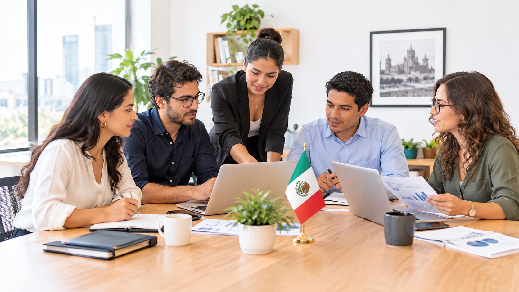 Un equipo diverso de profesionales colaborando en una reunión de negocios con computadoras portátiles en una oficina moderna.