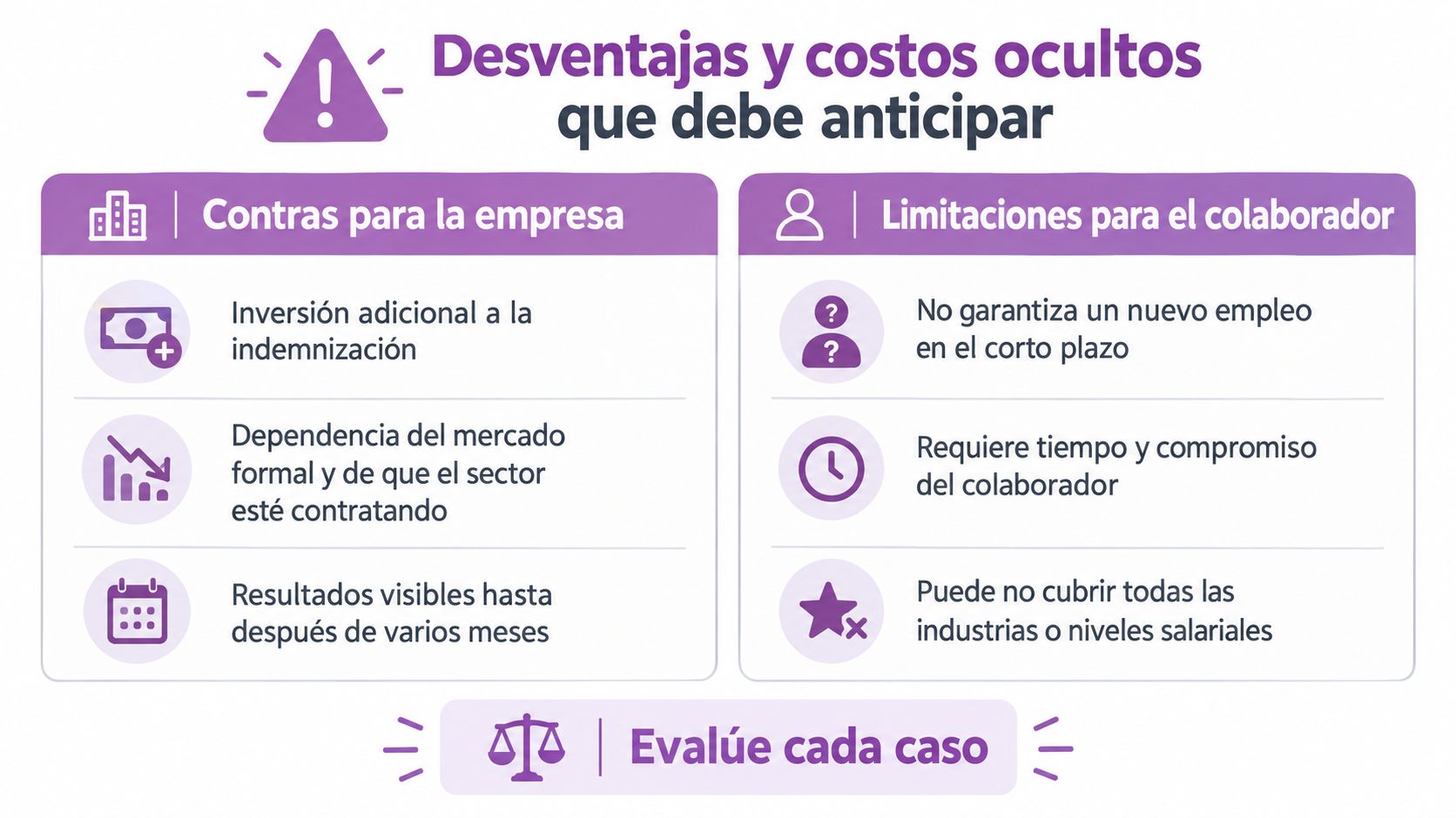 Infografía sobre las desventajas y costos ocultos asociados con procesos de outplacement para empresas y colaboradores.
