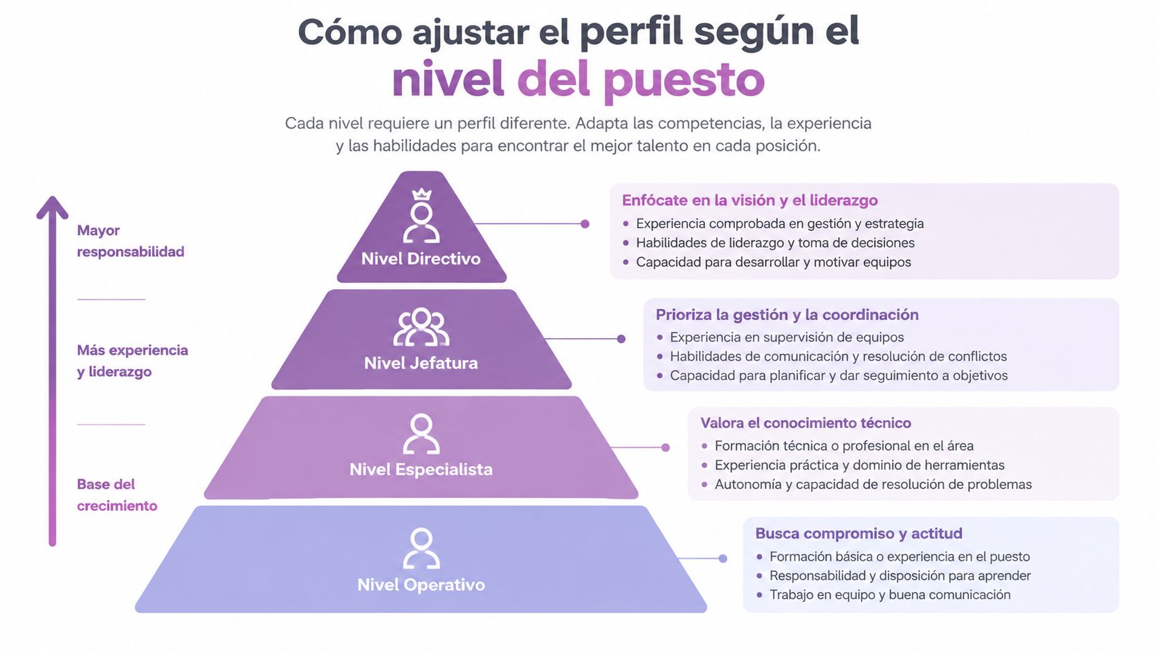 Una pirámide que ilustra cómo ajustar el perfil profesional según el nivel del puesto de trabajo.