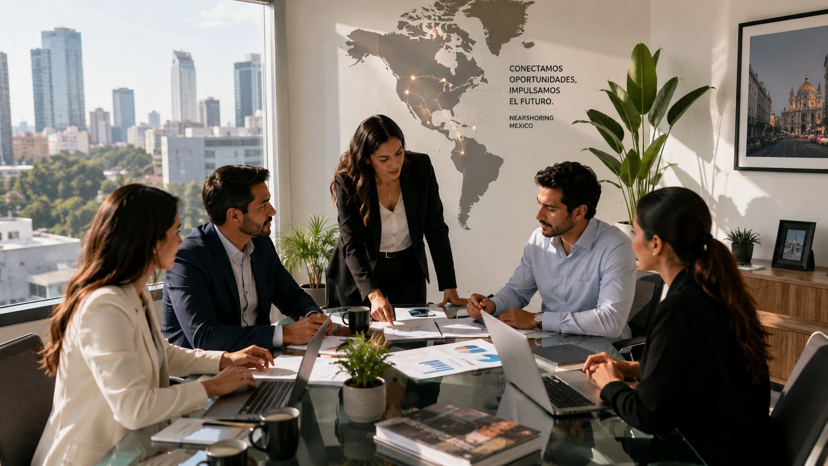 Un equipo de profesionales diversos colaborando en una reunión estratégica en una oficina moderna con vista urbana.