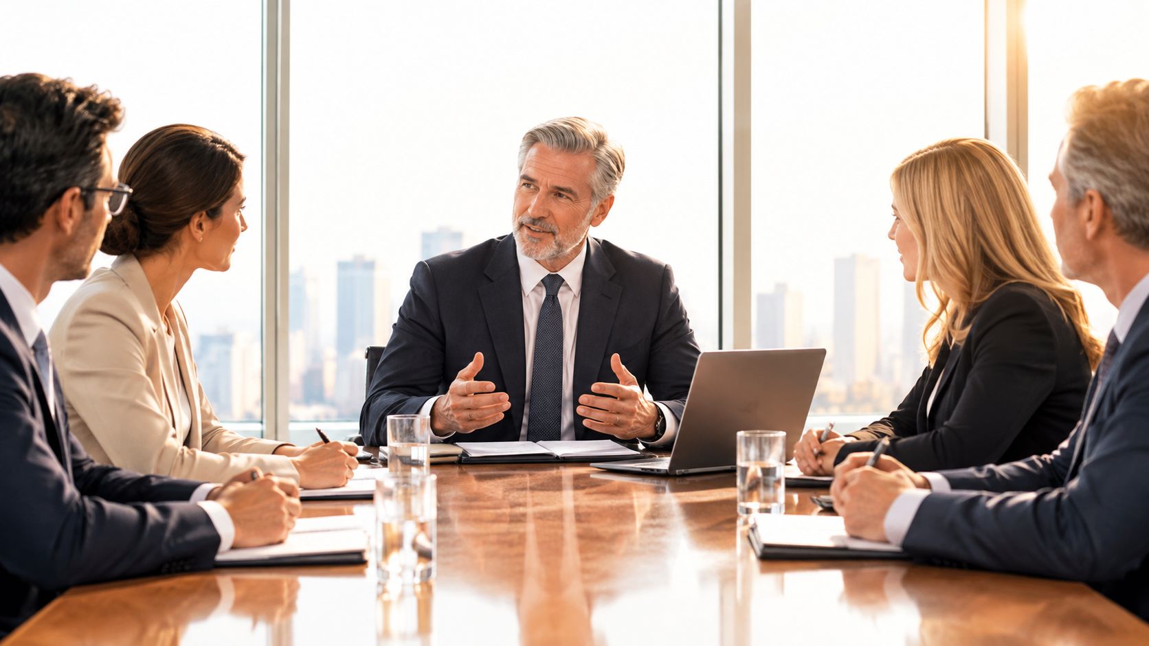 Un grupo de ejecutivos profesionales discutiendo estrategias de negocios en una sala de reuniones con grandes ventanales.