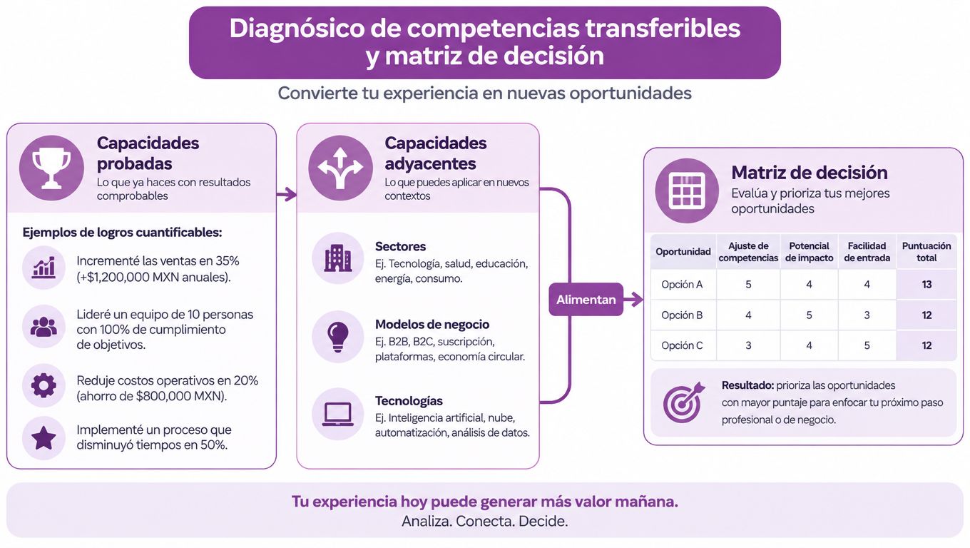 Diagrama de diagnóstico de competencias transferibles y matriz de decisión para transiciones de carrera profesional exitosas.