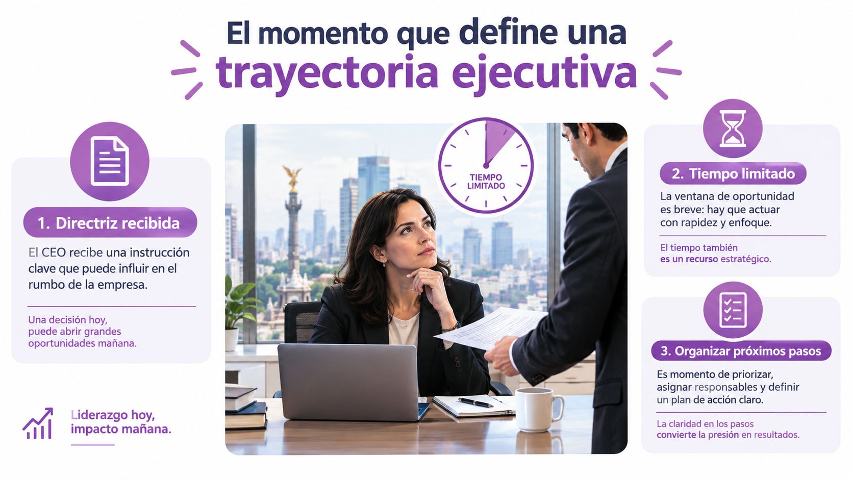 Una infografía sobre momentos clave en la trayectoria ejecutiva, incluyendo directrices, tiempo limitado y organización de pasos.
