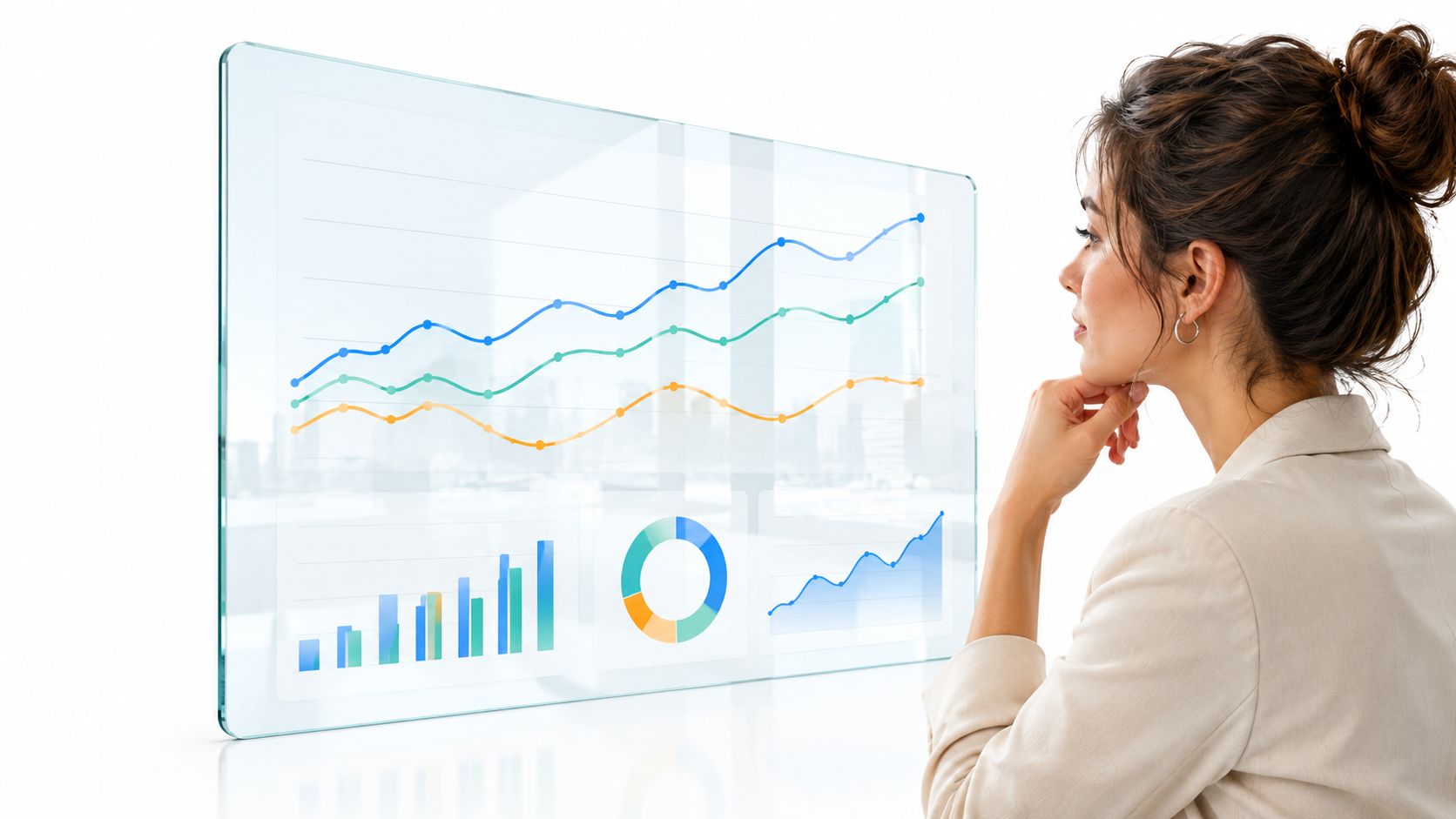 Mujer de negocios analizando gráficos de datos financieros en una pantalla digital transparente y moderna en la oficina.
