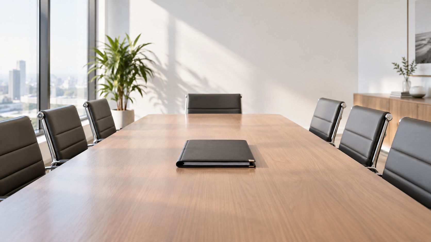 Una mesa de reuniones de madera con una carpeta negra vacía en una sala de juntas moderna.