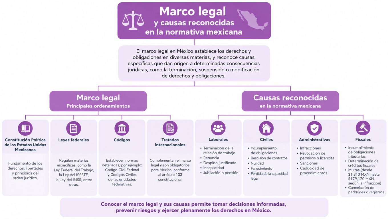 Infografía sobre el marco legal y las causas reconocidas en la normativa mexicana y sus implicaciones.