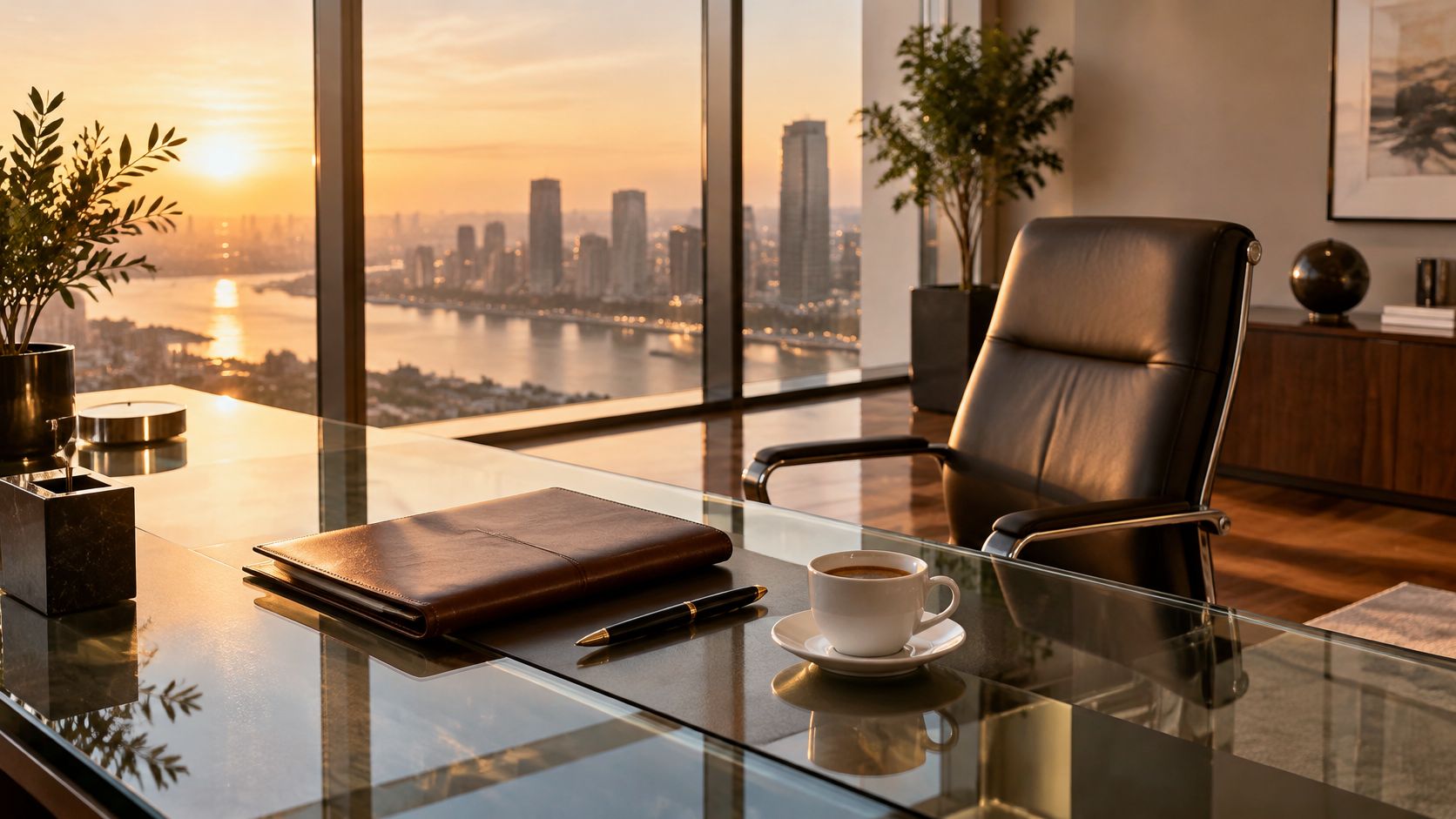 Una oficina ejecutiva lujosa con escritorio de cristal y vistas panorámicas de la ciudad al atardecer.