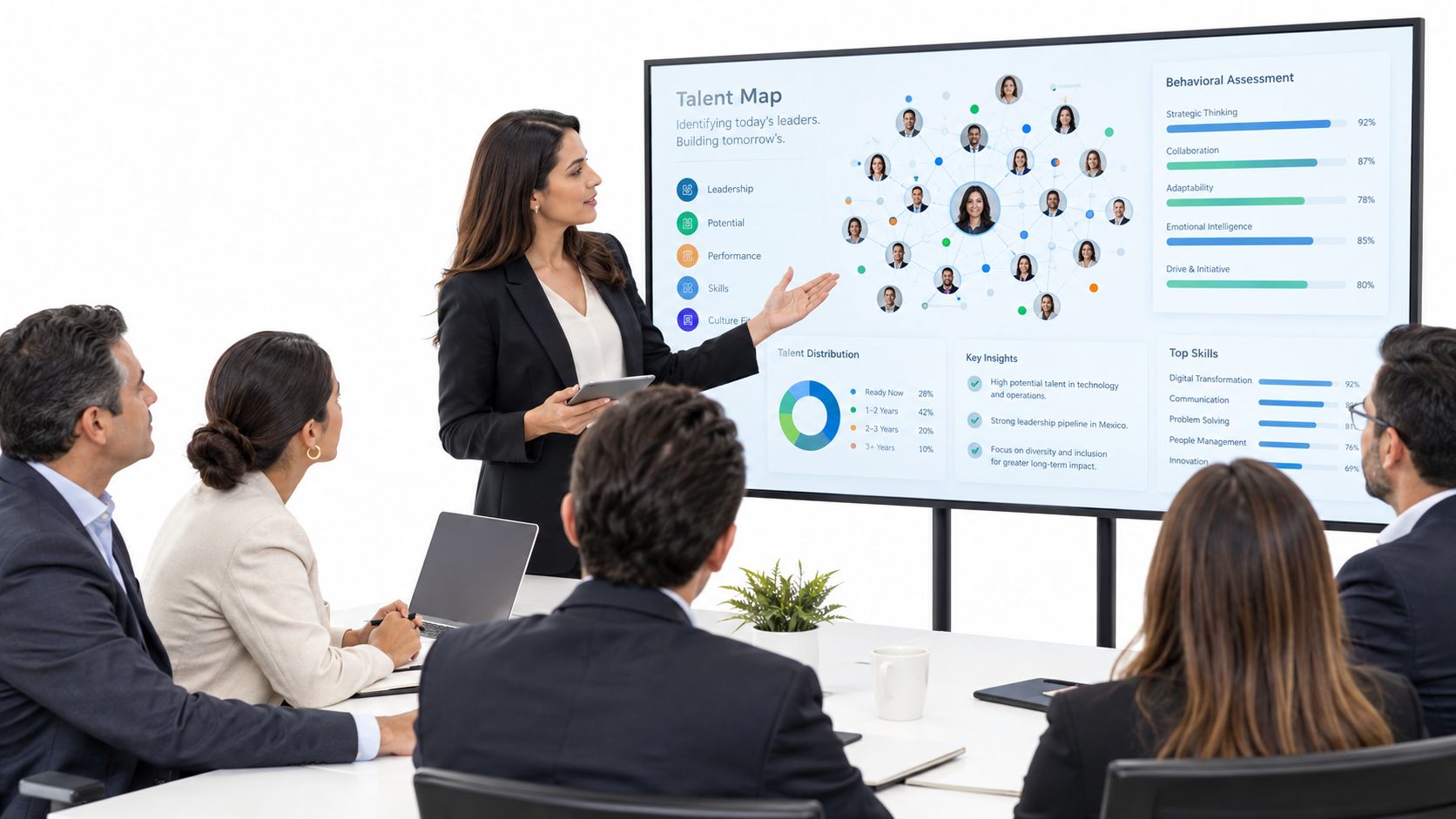 Una mujer de negocios realiza una presentación profesional sobre un mapa de talento ante su equipo ejecutivo.
