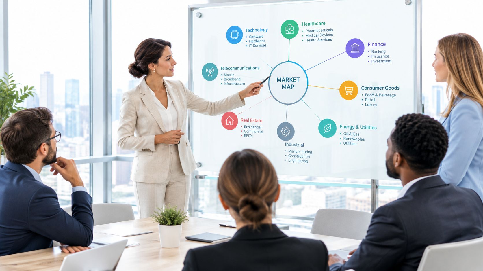 Una mujer de negocios realiza una presentación profesional sobre un mapa del mercado ante un equipo corporativo.