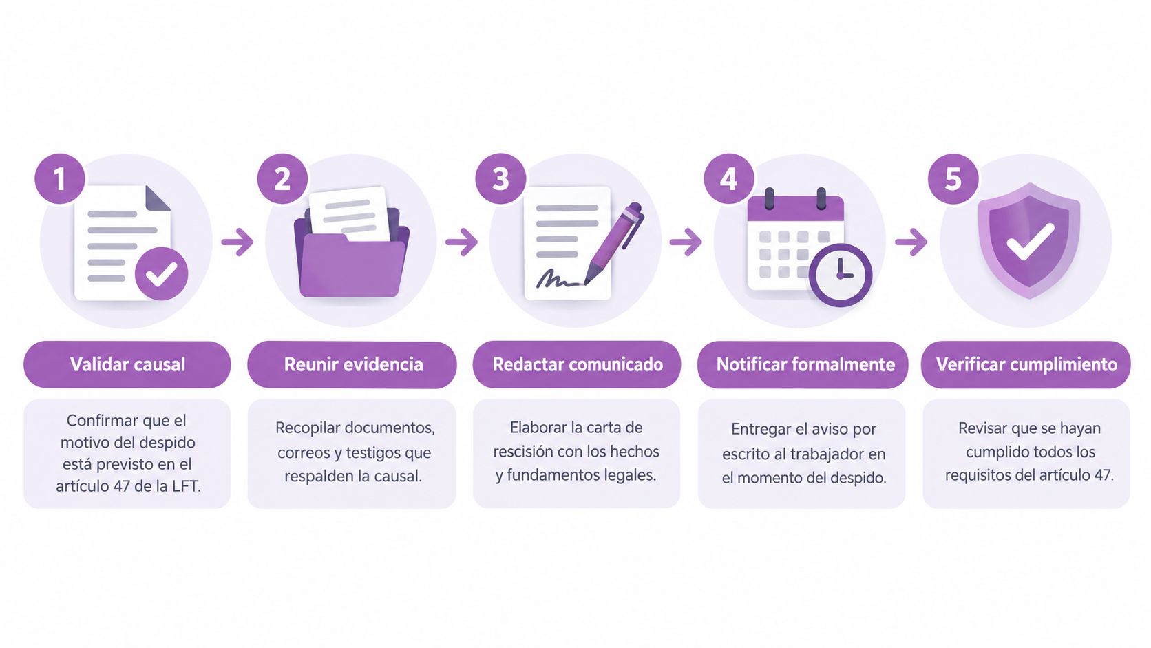 Diagrama de cinco pasos sobre el proceso legal para notificar formalmente el despido de un trabajador.