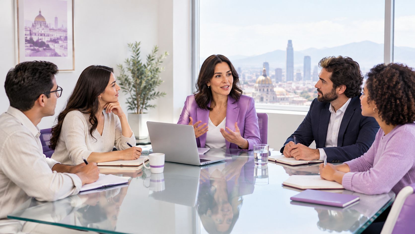 Un grupo diverso de profesionales de negocios reunidos alrededor de una mesa de cristal en una oficina moderna.