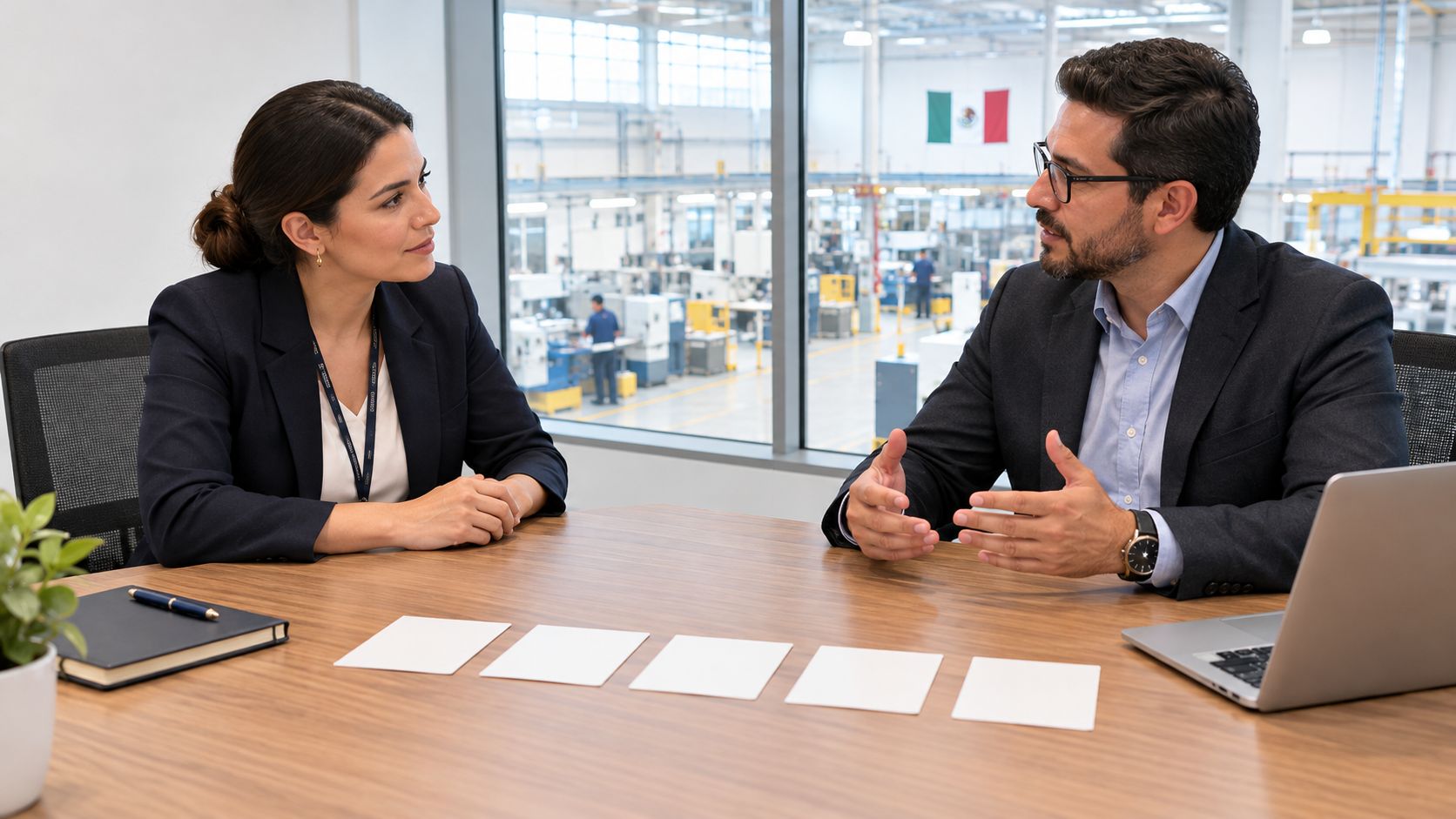 Dos profesionales de negocios en una reunión de trabajo dentro de una moderna oficina con ventanal industrial.
