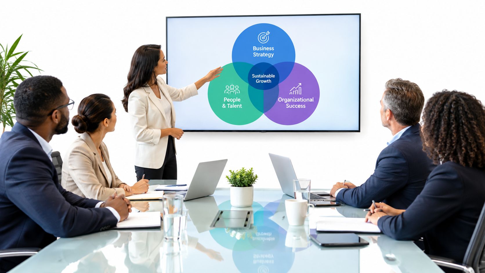 Una mujer de negocios presenta una estrategia corporativa de crecimiento sostenible frente a su equipo de trabajo.