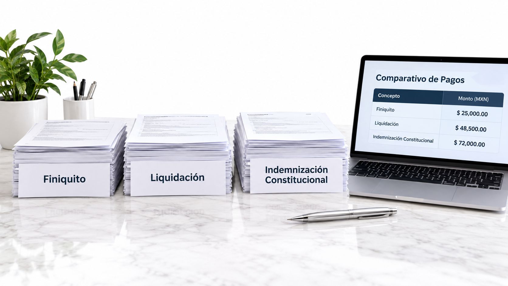 Comparativo de pagos por liquidación de personal con documentos apilados, una laptop y bolígrafo sobre una mesa.