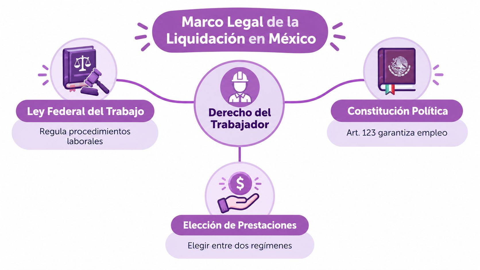 Infografía sobre el marco legal de la liquidación laboral en México, incluyendo la Ley Federal del Trabajo.