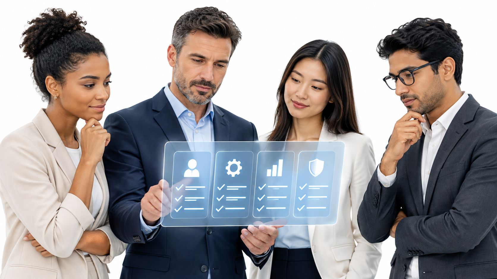 Cuatro profesionales de negocios analizan un panel táctil holográfico con íconos de planificación y gestión empresarial.