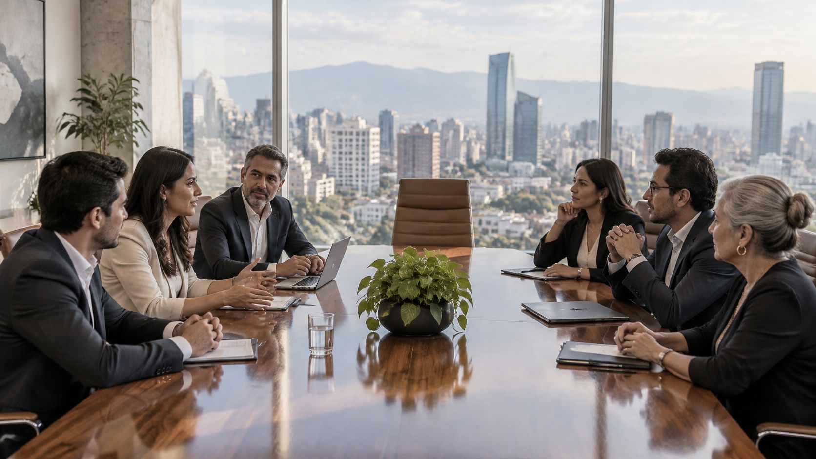 Grupo de profesionales corporativos reunidos en una mesa de conferencias con una vista panorámica de la ciudad.