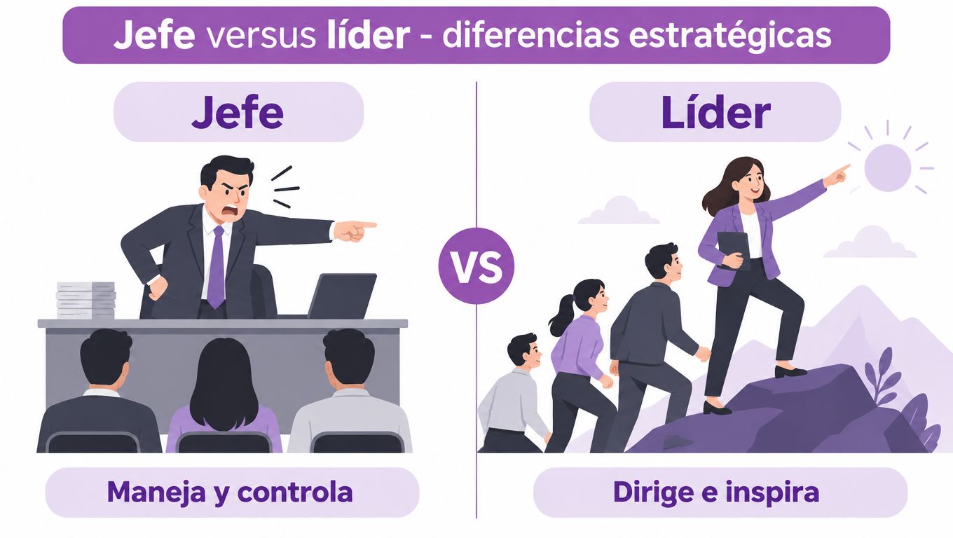 Comparación visual entre las características de un jefe autoritario y un líder inspirador en el entorno laboral.