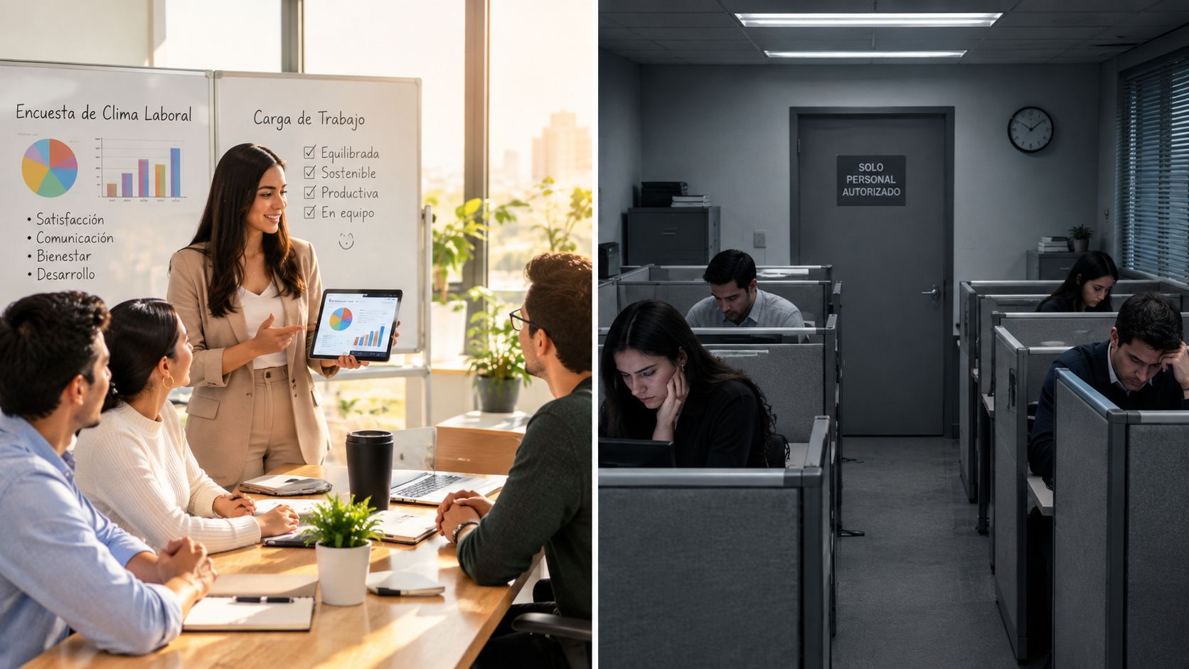 Imagen comparativa entre un entorno laboral colaborativo y brillante frente a una oficina monótona y desmotivada.